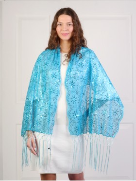 Sequined Flower Mesh Scarf W/ Fringe